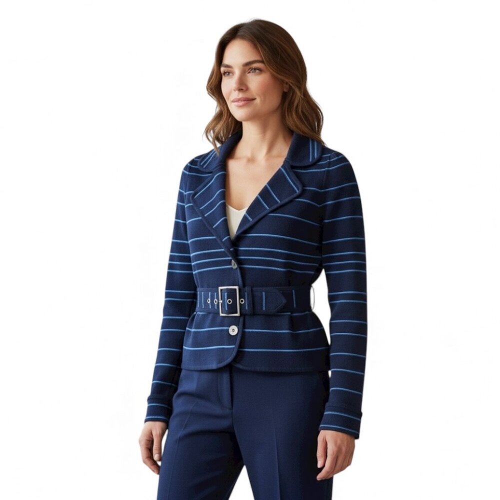 Karen Millen Belted Sweater Jacket Navy Blue Striped Women's Size 1 (XS)